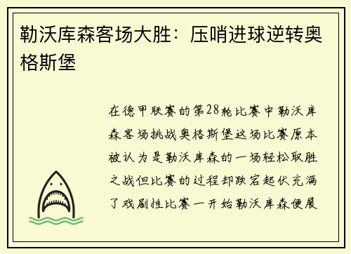 勒沃库森客场大胜：压哨进球逆转奥格斯堡