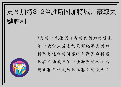 史图加特3-2险胜斯图加特城，豪取关键胜利