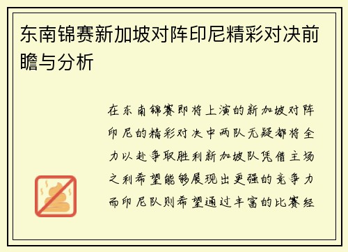 东南锦赛新加坡对阵印尼精彩对决前瞻与分析